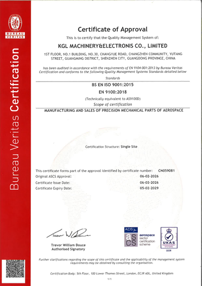 AS9100D certificate by Bureau Veritas, No. CN059081