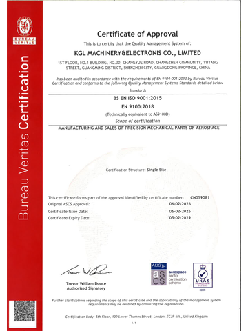 KGL AS9100D certificate by Bureau Veritas, No. CN059081. Valid 2026-02-06 to 2029-02-05.