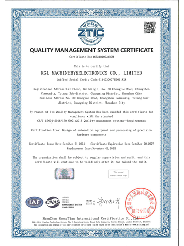 KGL ISO 9001:2015 certificate by ZTIC, No. 46524Q10234R0M. Valid 2024-10-21 to 2027-10-20.