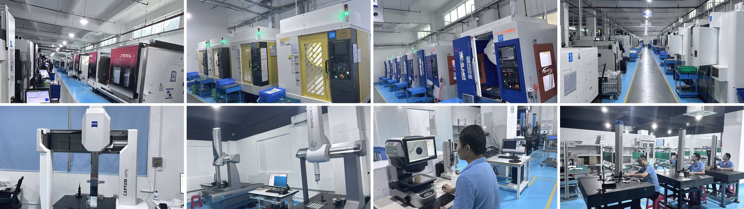 KGL precision CNC machining facility: five-axis milling and turn-mill machines in the shop and Zeiss and Hexagon CMMs in the inspection room
