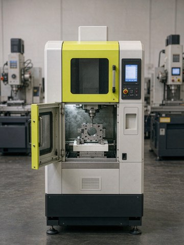 Compact vertical machining center with white enclosure and yellow doors running a simple aluminum bracket on a 3-axis cycle.