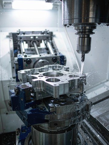 Five-axis machining center with white enclosure milling a titanium aerospace bracket under high-pressure coolant.