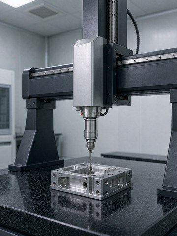 Bridge CMM with granite table verifying critical dimensions of a machined aluminum component.