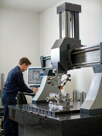 Bridge CMM verifying the critical features marked on a DFM reviewed machined part during first article inspection.