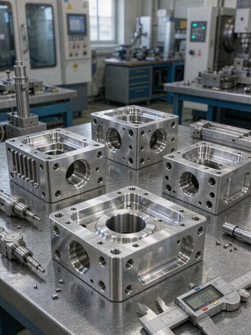Freshly machined aluminum housings with precision bores laid out before surface treatment.