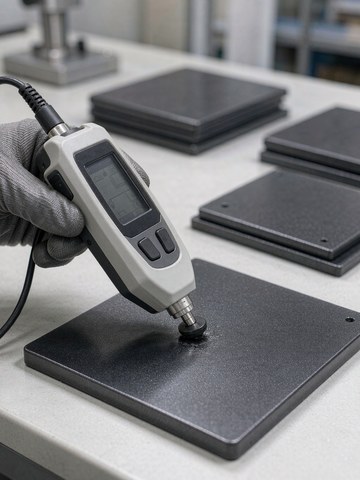 Inspector measuring coating thickness on a hard anodized aluminum surface with an eddy current gauge.