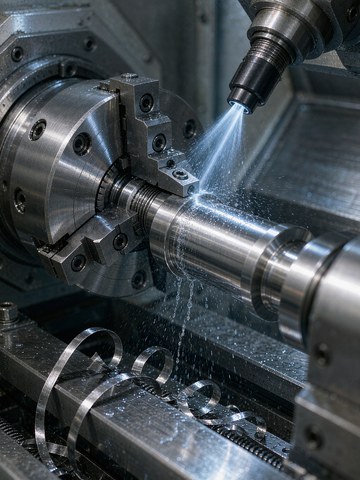CNC turning center cutting a stainless steel shaft with coolant directed at the cutting zone.