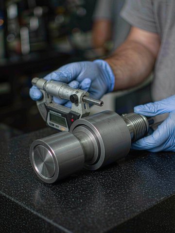 Measuring a precision bore of a machined part with a digital micrometer after thermal soak, part of the 0.005 mm tolerance process.