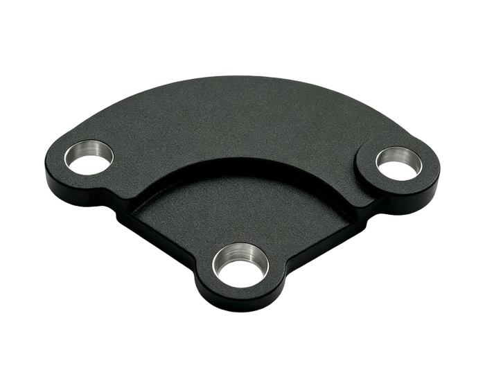 Cast aluminum triangle connector with matte black powder coat, top view