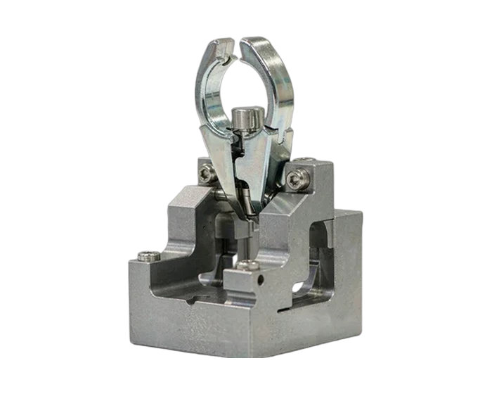 Dental pre-surgical clamping fixture with anodized 6061-T6 aluminum body and 17-4PH expanding clamp